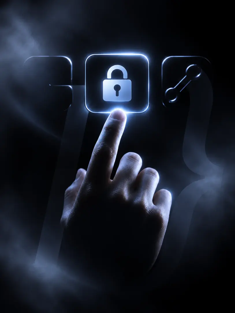A hand reaching toward a glowing padlock