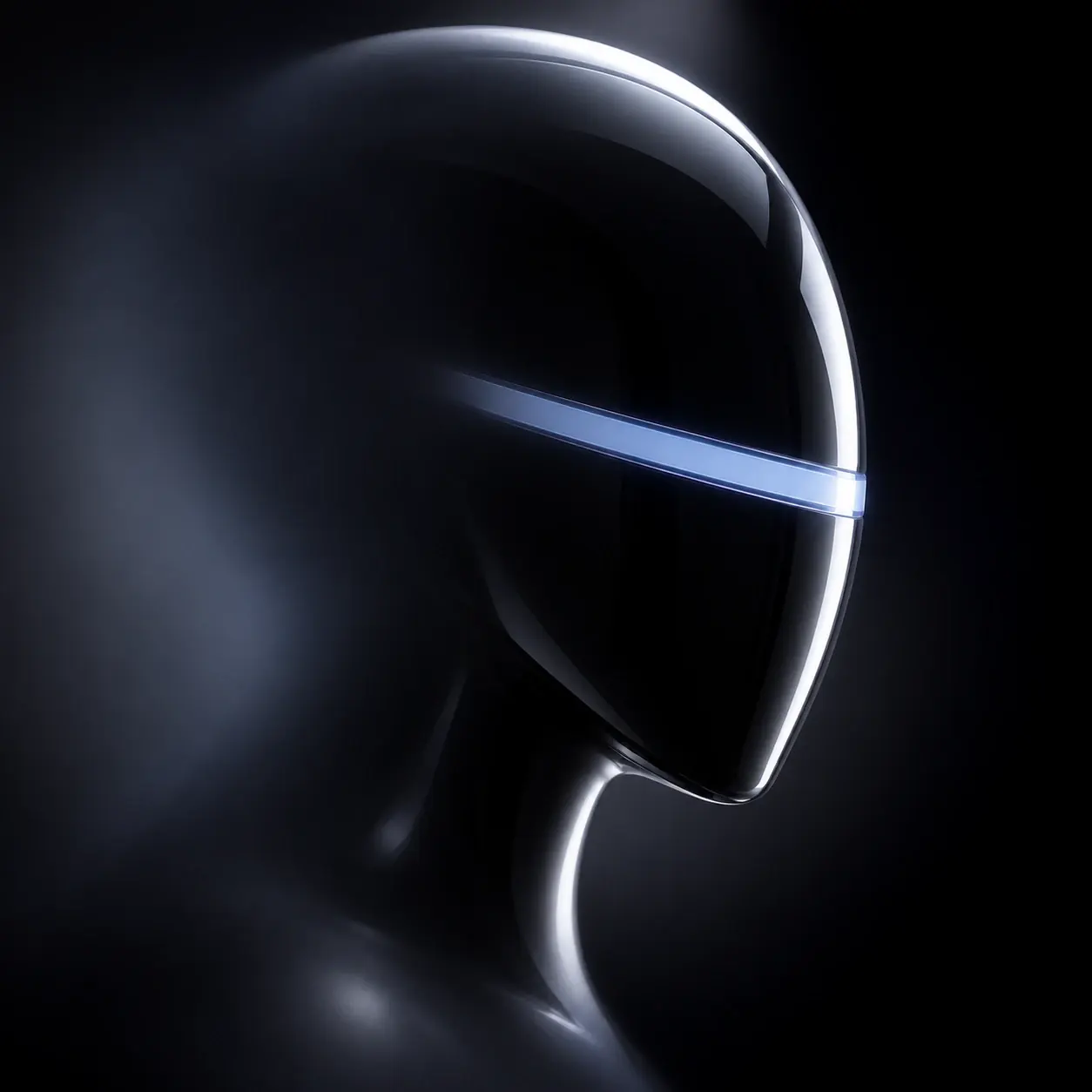 Side profile of a black AI figure with a glowing eye line on a dark background