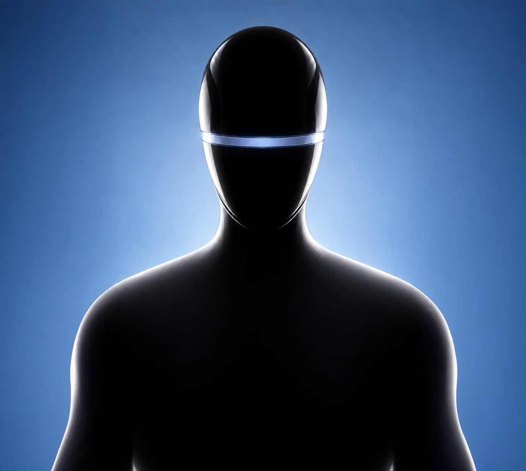 A black AI figure with a glowing eye line facing forward on a blue background