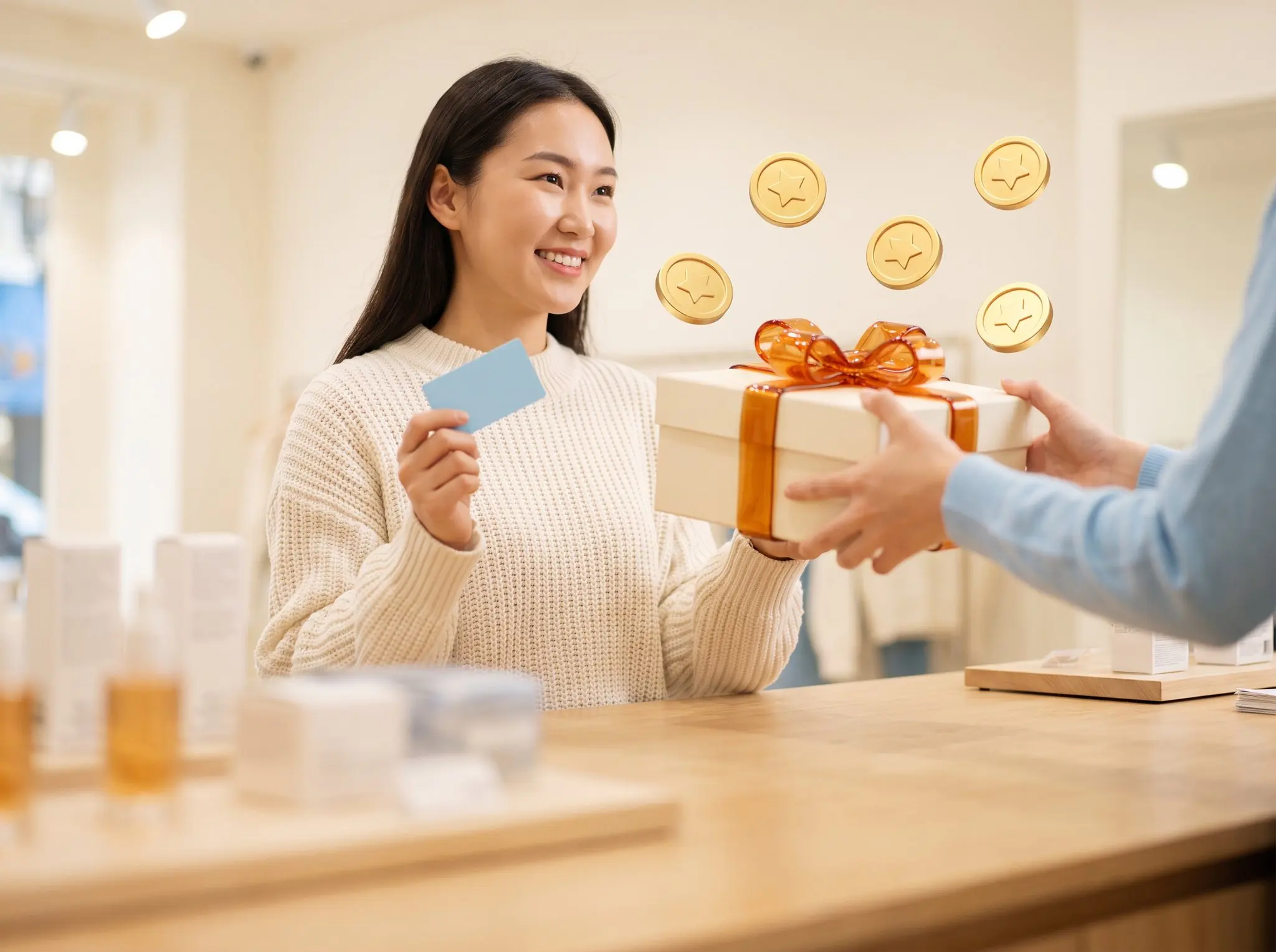 A customer with a membership card receiving a gift box