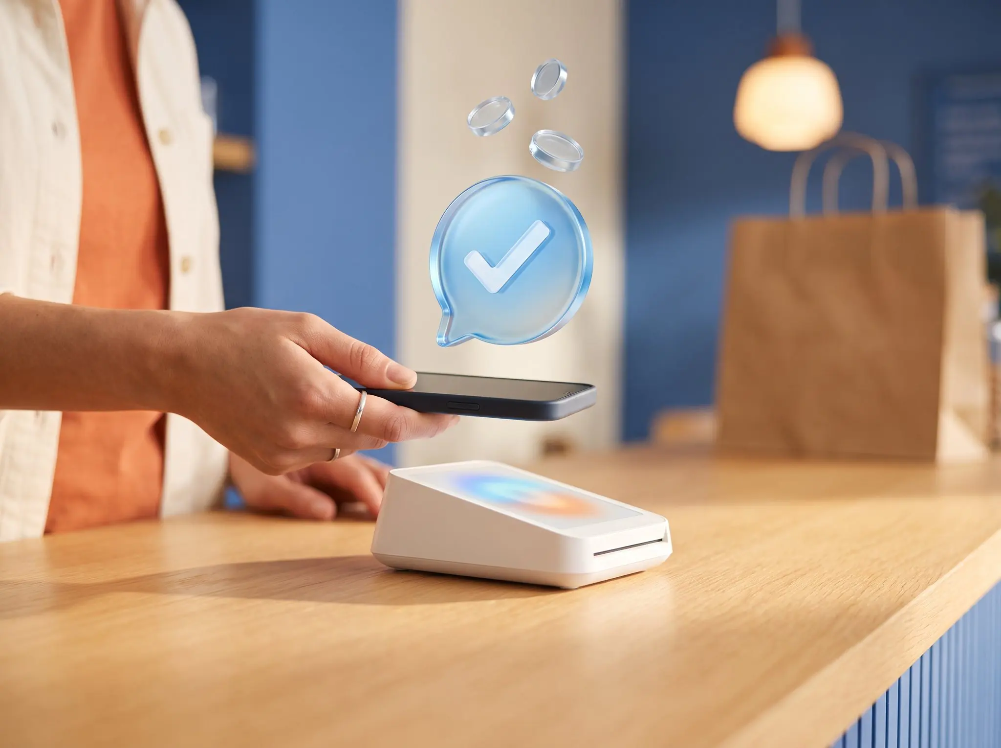A customer paying by QR code with a phone at the counter