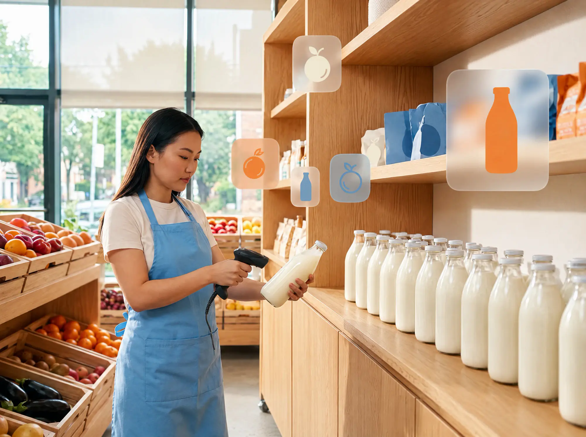 A grocery store worker scanning the barcode on a carton of milk at the shelf