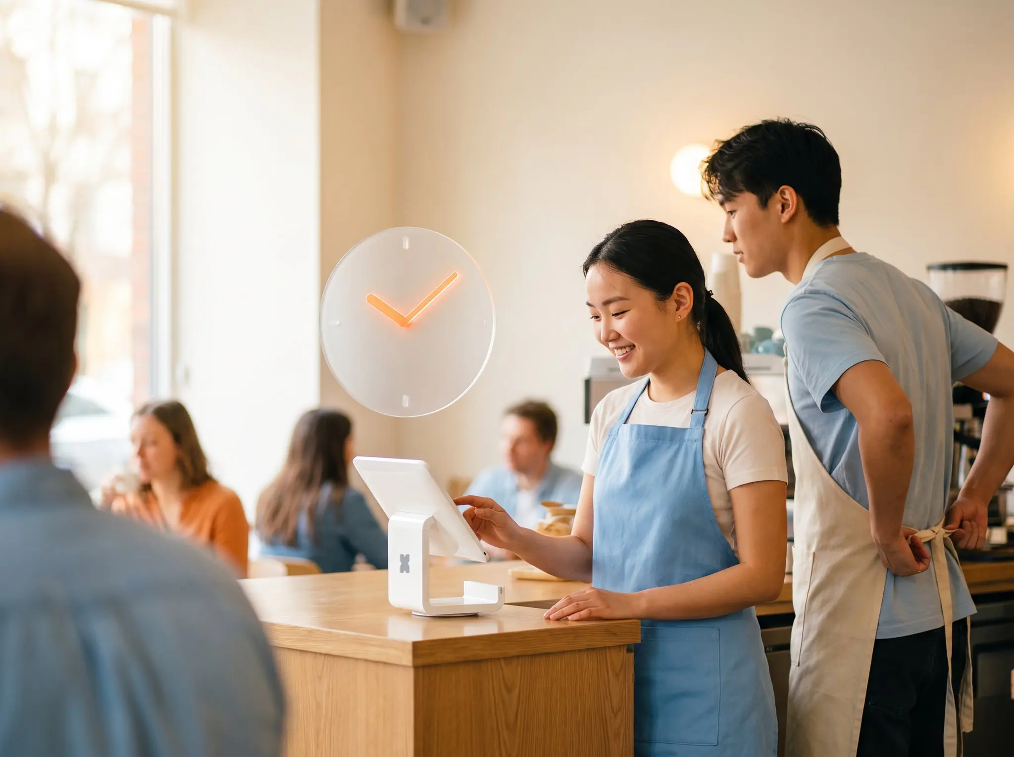 Café staff clocking in for their shift on a tablet