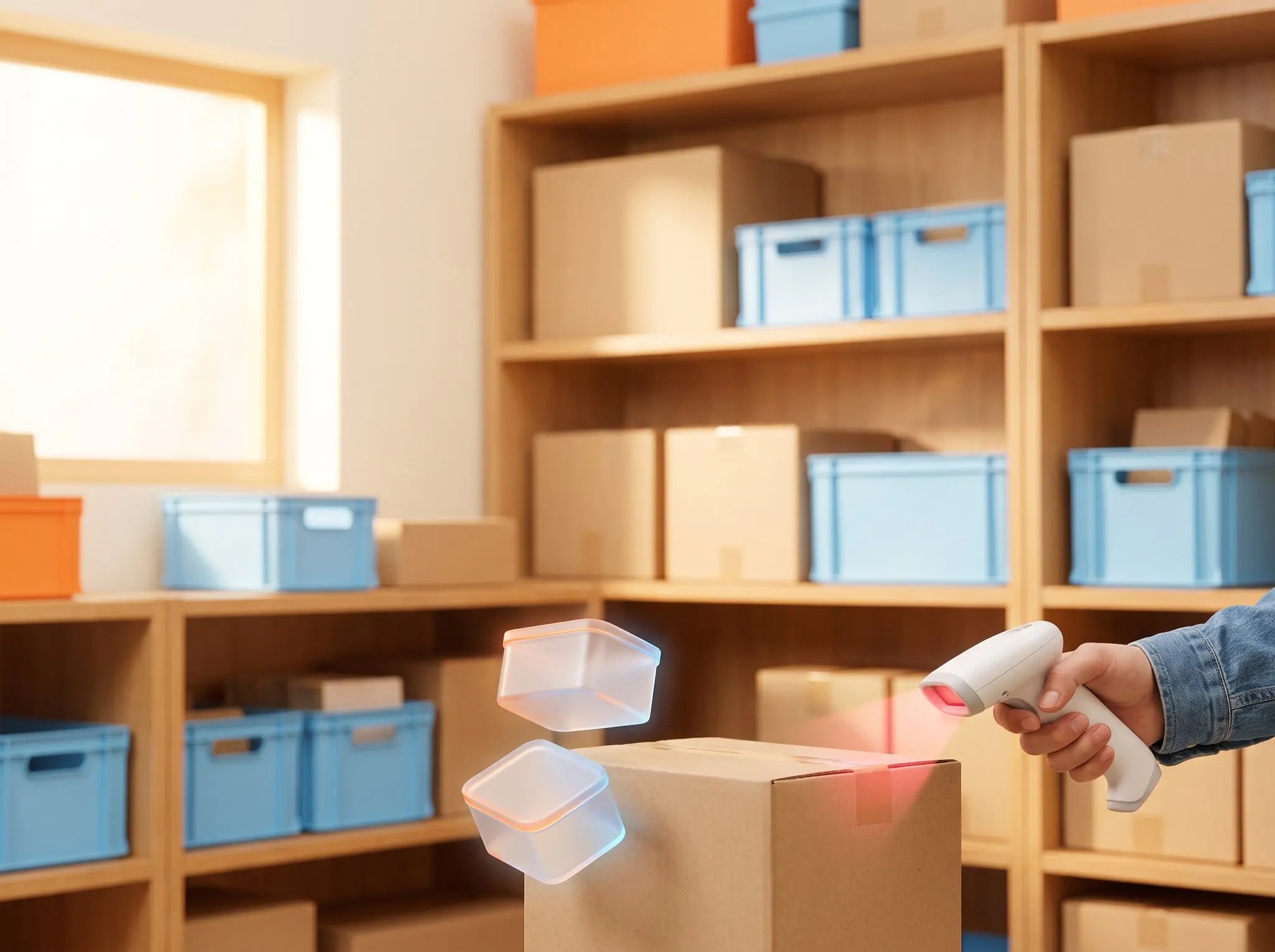 A hand scanning the barcode on a box in a warehouse